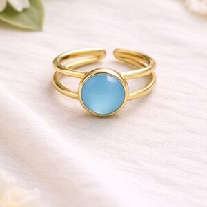 Aqua Chalcedony Ring – Gold Tone Adjustable Double Band Bezel Set